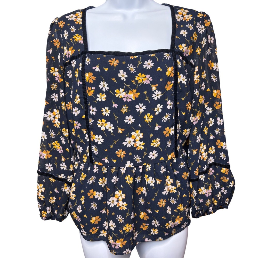 MADEWELL Womens Blue Floral Square Neck Peplum Top M Velvet Trim Modest Prairie